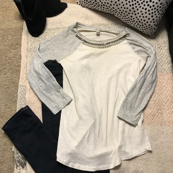 J Crew Baseball Tee with Gemstones - Sz Small - Picture 1 of 5